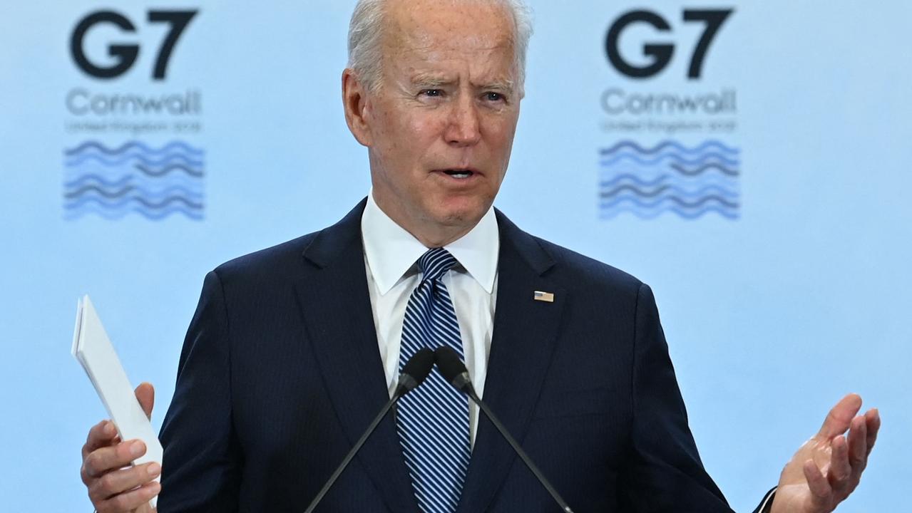 Joe Biden speaking at the G7 summit in Cornwall today. Picture: Brendan Smialowski/AFP