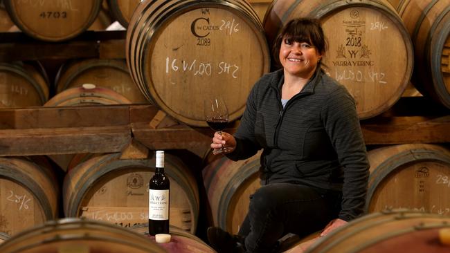 ‘I had quit my nursery job ... and the French vineyards looked really beautiful’: Sarah Crowe in the cellar at Yarra Yering winery in Victoria’s Yarra Valley. Picture: David Geraghty