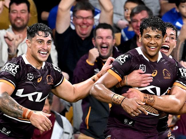 BRISBANE, AUSTRALIA - APRIL 22: Selwyn Cobbo of the Broncos celebrates scoring a try during the round seven NRL match between the Brisbane Broncos and the Canterbury Bulldogs at Suncorp Stadium, on April 22, 2022, in Brisbane, Australia. (Photo by Bradley Kanaris/Getty Images)