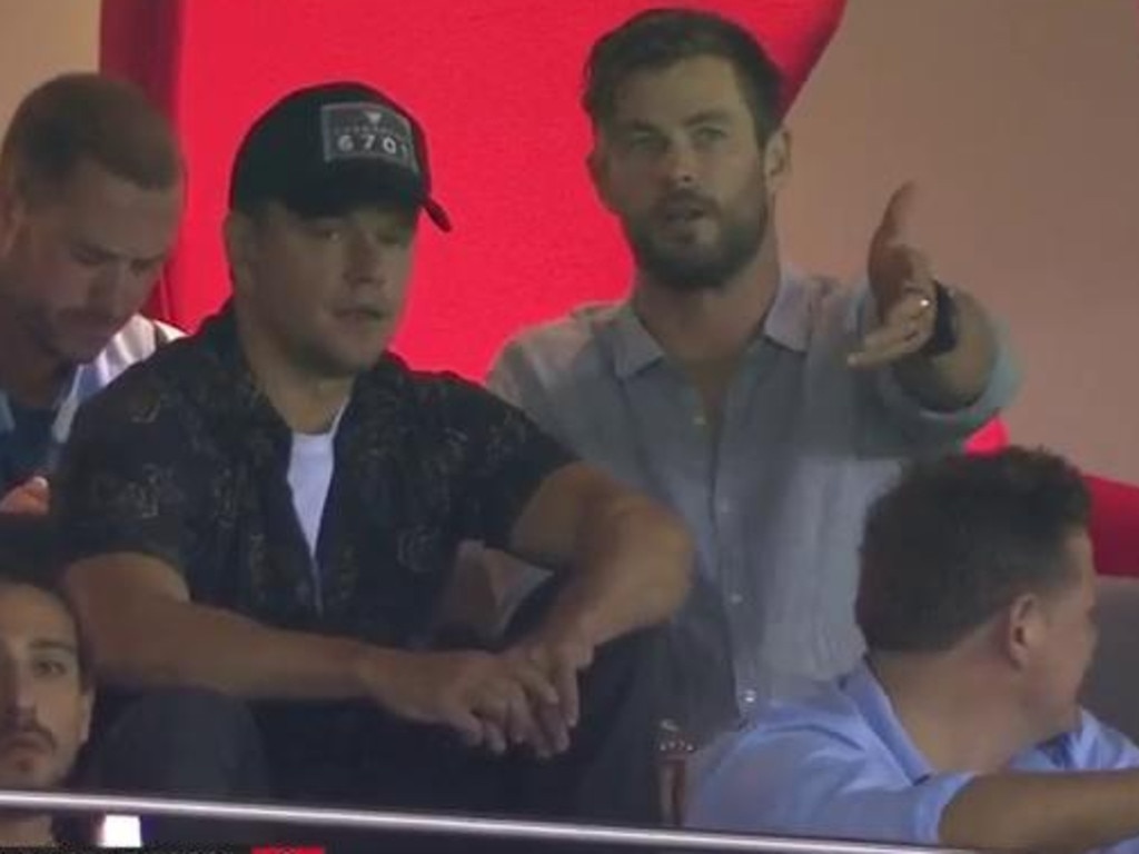 Matt Damon and Chris Hemsworth at an AFL game. Damon classifies Byron Bay as his second home.