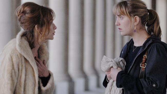 Actor Isabelle Huppert with her daughter Lolita Chammah in scene from film 'Copacabana'.