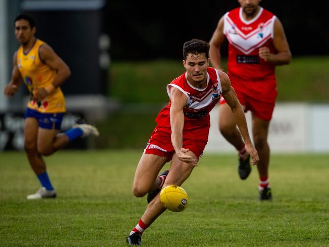 Ned Stevens from the Tahs chases an oily footy. 2020/21 TIO NTFL MenÃs Premier League Ã Round 9: Waratah vs Wanderers.Picture: Che Chorley