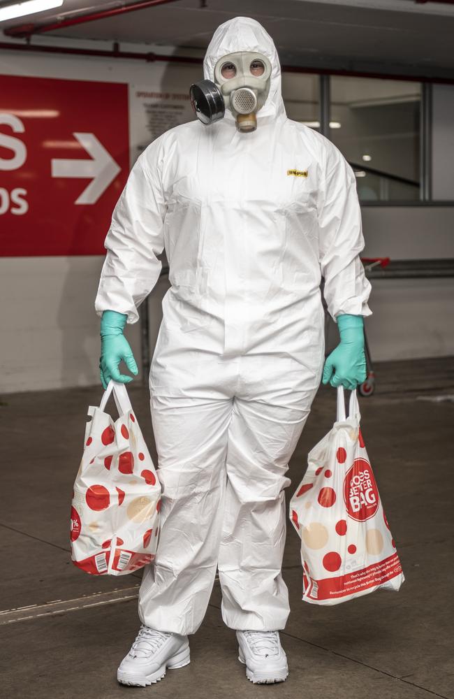 John Gercsov was taking no risks on his trip to Mona Vale shops on Friday. Picture: Monique Harmer