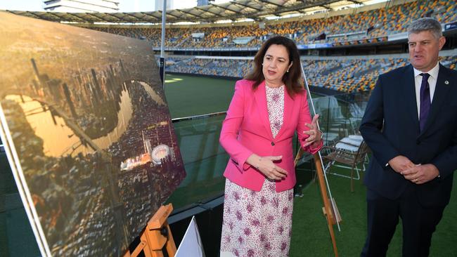 An early concept for a redeveloped Gabba in 2021 shown by then premier Annastacia Palaszczuk and sport minister Stirling Hinchliffe