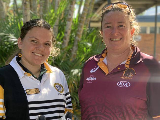 James Nash student Freedom Fischer was selected to paint a pair of David Mead's boots for the NRL's 2021 Indigenous Round. She is pictured with Nash Beyond the Broncos coordinator, Trina McCauley.