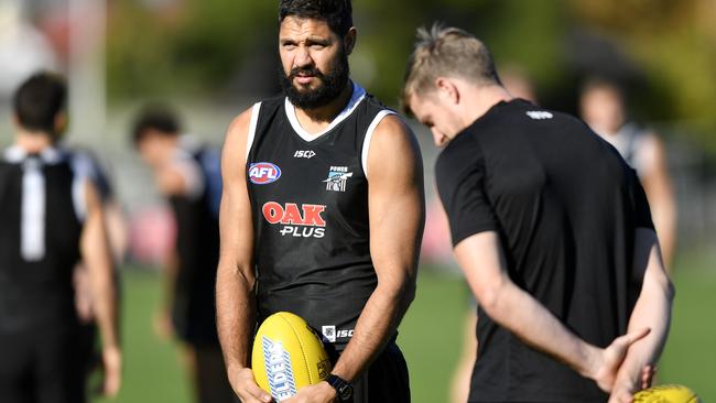 Port Adelaide Power player Paddy Ryder, left, at Power training on Friday.  Picture: AAP Image/Kelly Barnes