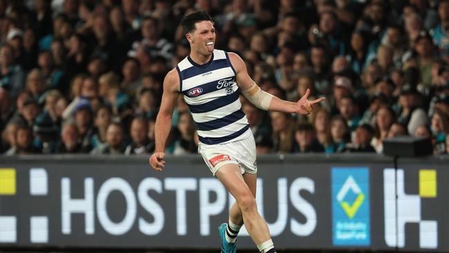 Henry celebrates his goal against the Power. Picture: James Elsby/AFL Photos via Getty Images