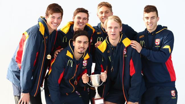 Izak Rankine and Jack Lukosius, front, with championship-winning SA national under-18 teammates Hugo Munn, Connor Rozee, Jackson Hately and Luke Valente. Picture: TAIT SCHMAAL