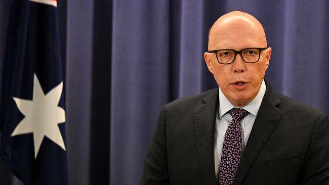 Opposition Leader Peter Dutton at a press conference on Thursday where he announced Liberal Senator David Van had been expelled from his party room. Picture: Lukas Coch/AAP Image