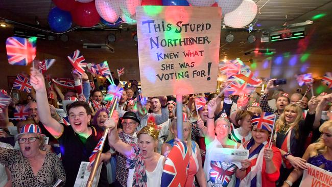 Guests celebrate the moment the UK leaves the EU during the Brexit party at Woolston Social Club in Warrington. Picture: Getty