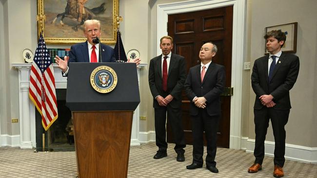 US President Donald Trump announces the $US500bn Stargate AI project with tech heavyweights Larry Ellison, executive chairman of Oracle, SoftBank chairman and CEO Masayoshi Son and Open AI chief executive Sam Altman. Picture: AFP