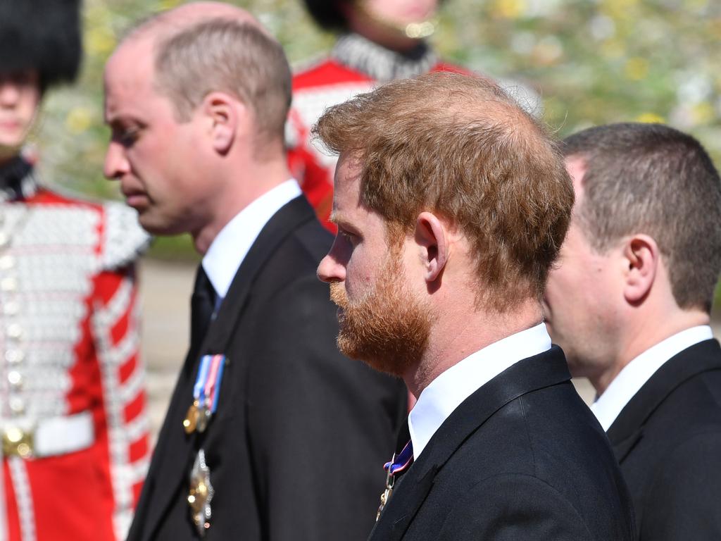 The rift between the two princes meant they could not walk side-by-side at Prince Philip’s funeral. Picture: Mark Large-WPA Pool/Getty Images)