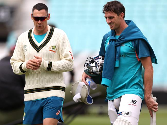 Scott Boland speaks to Pat Cummins during an Australian training session prior to the ICC World Test Championship final at The Oval. Picture: Ryan Pierse/Getty Images