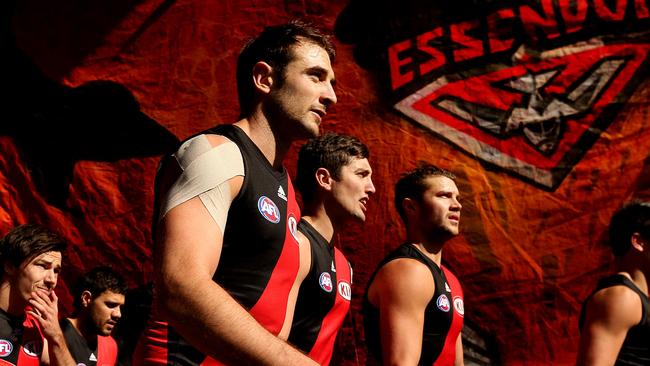 AFL Round 20: Essendon v West Coast at Etihad Stadium  , 11th August 2013. Bombers captain Jobe Watson leads the team out