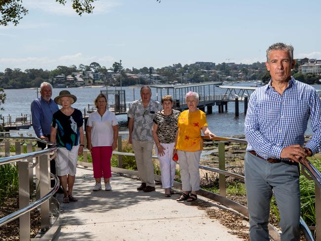 Mayor Angelo Tsirekas (right) with local residents concerned about ferry timetable changes Peter Ashcroft, Diane Brown, Kate Foot and Judy Mitchell at Cabarita Wharf. Picture: Monique Harmer