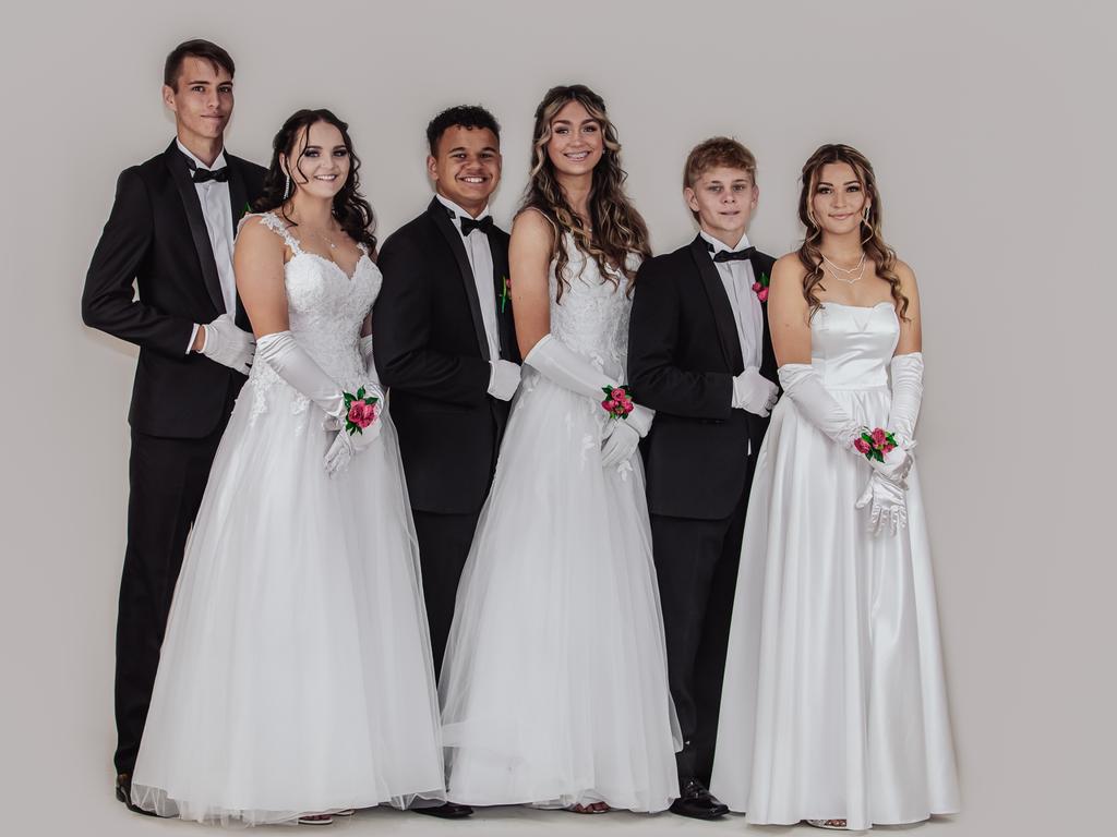 Moranbah Debutante Ball 2022 (from left) Caleb Pollard, Isobella Neyland, Damon Pitt, Evie Bacchiella, Tileha Chirgwin-Gray, Cohen Cox. Picture: Contributed