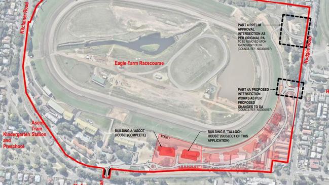 An aerial view of the Eagle Farm Racecourse development. The completed tower (Ascot House) is on the far left in red, while the revised version for the proposed tower (Tulloch House), second from the left, will be reduced by four storeys. Picture: BCC