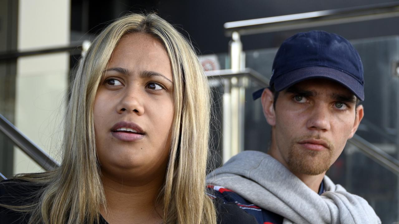 Claudia Combarngo and her partner Tristan Hooper outside Toowoomba Courthouse.