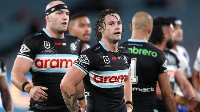 SYDNEY, AUSTRALIA - JUNE 28:  Nicho Hynes of the Sharks reactsduring the round 17 NRL match between Canterbury Bulldogs and Cronulla Sharks at Accor Stadium on June 28, 2024, in Sydney, Australia. (Photo by Cameron Spencer/Getty Images)