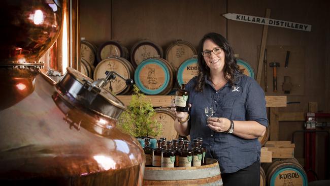 Kristy Lark-Booth with the new Apothecary 100% Tasmanian Gin at Killara Distillery, Richmond. Picture: Chris Kidd