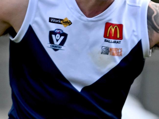 Melton SouthÃs Darby Schilder and DarleyÃs Brett Bewley during the Ballarat league Melton South v Darley football match in Melton, Saturday, June 22, 2024. Picture: Andy Brownbill