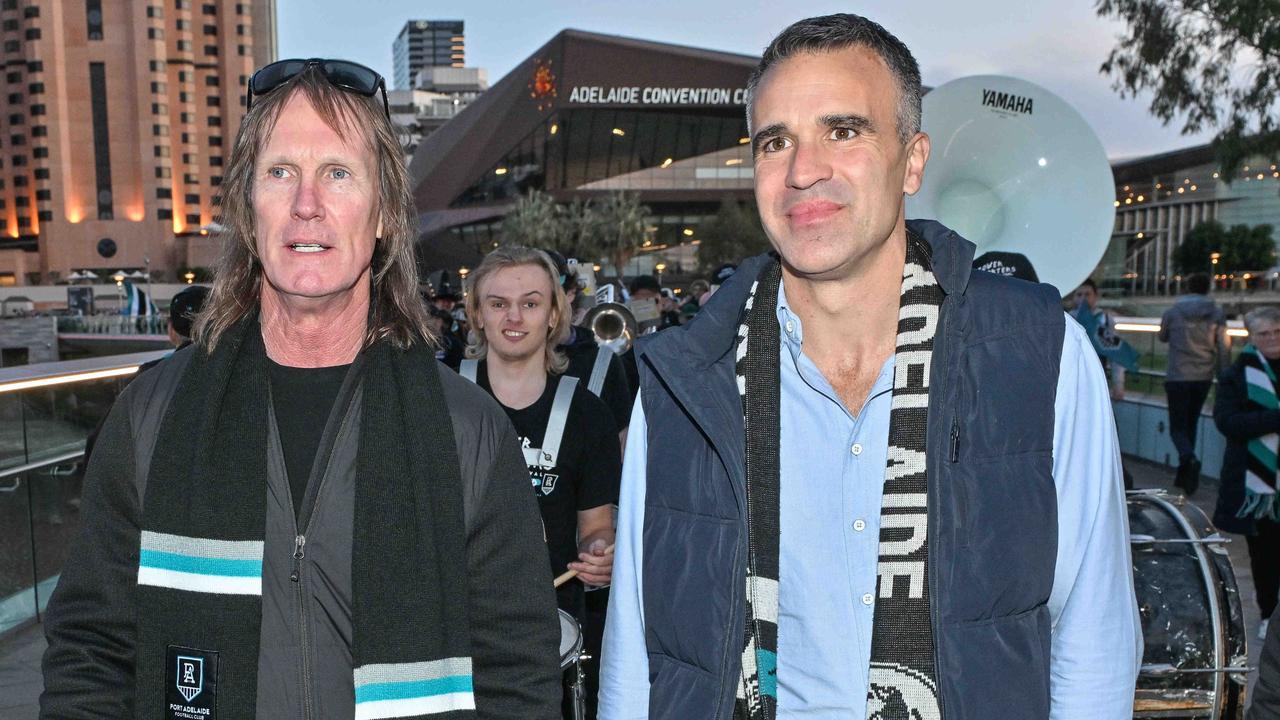 SEPTEMBER 13, 2024: Port Adelaide legend Greg Anderson and Premier Peter Malinauskas arriving for the Port v Hawthorn semi final at Adelaide Oval. Picture: Brenton Edwards