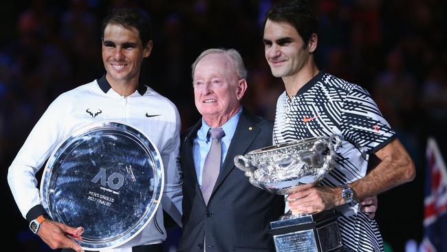 Rod Laver with Raphael Nadal and Roger Federer after the 2017 Australian Open final. Picture: Getty Images