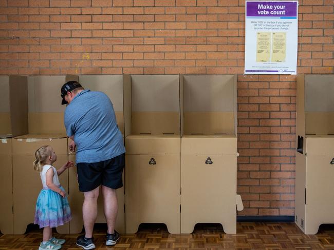 *** BESTPIX *** MUSWELLBROOK, AUSTRALIA - OCTOBER 14: A voter cast his vote at a polling centre at Stan Thiess Memorial Center on October 14, 2023 in Muswellbrook, Australia. A referendum for Australians to decide on an indigenous voice to parliament was held on October 14, 2023 and compelled all Australians to vote by law. Early voting began on Oct. 2, and activity has been intensifying in both the YES and NO camps, with multiple polls showing the YES campaign headed for defeat nationally. Australia requires a "double majority" of both the states and voters across the country to trigger constitutional changes, with most referendums in the past having failed. (Photo by Roni Bintang/Getty Images)