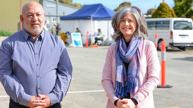 Professor Nicola Spurrier and Chairman of the Afghan United Association Hussain Razaiat at a pop-up COVID-19 testing in the Wali-e-Asr Centre, Edinburgh North. Picture: Brenton Edwards