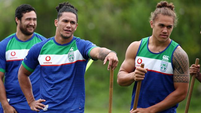 Chanel Harris-Tavita (right) is the rookie with his foot in the door for the Warriors halves position, with healthy compeition from Hayze Perham (left). Picture by: Fiona Goodall/Getty Images