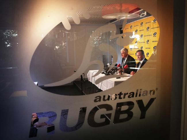 Australian Rugby Union Chairman Cameron Clyne and CEO Bill Pulver at a press conference on the future of Super Rugby after announcement that one Australian team will be dropped from the competition. Picture. Phil Hillyard