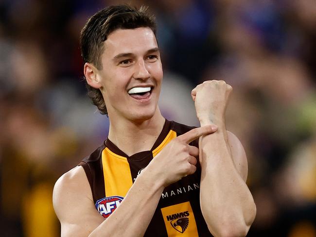 MELBOURNE, AUSTRALIA – SEPTEMBER 06: Connor Macdonald of the Hawks celebrates a goal during the 2024 AFL Second Elimination Final match between the Western Bulldogs and the Hawthorn Hawks at The Melbourne Cricket Ground on September 06, 2024 in Melbourne, Australia. (Photo by Michael Willson/AFL Photos via Getty Images)