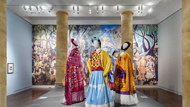 Frida &amp; Diego: Love &amp; Revolution, featuring Tehuana dresses and Diego Rivera, mural: Dream of a Sunday afternoon in the Alameda Central, Hotel del Prado, Mexico City, 1947 Picture: Saul Steed