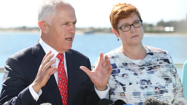 Prime Minister Malcolm Turnbull and Defence Minister Marise Payne at the Future Submarines announcement. Picture: Tait Schmaal