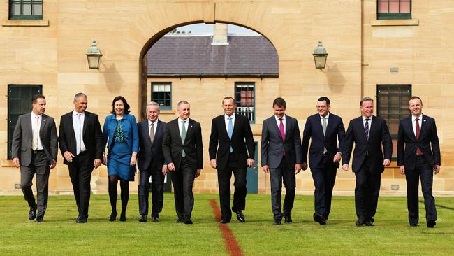 Mayor Troy Pickard, Chief Minister of Northern Territory Adam Giles, Premier of Queensland Annastacia Palaszczuk, Premier of Western Australia Colin Barnett, Premier of South Australia Jay Weatherill, Australian Prime Minister Tony Abbott, Premier of NSW Mike Baird, Premier of Victoria Daniel Andrews, Premier of Tasmania Will Hodgman and Chief Minister of ACT Andrew Barr during Prime Minister Tony Abbott's Leaders' Retreat at Victoria Barracks, Sydney. Pic Brett Costello