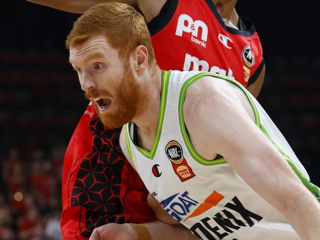 PERTH, AUSTRALIA - FEBRUARY 11: Angus Glover of the Phoenix drives towards the basket during the NBL Seeding Qualifier match between Perth Wildcats and South East Melbourne Phoenix at Perth High Performance Centre, on February 11, 2025, in Perth, Australia. (Photo by James Worsfold/Getty Images)