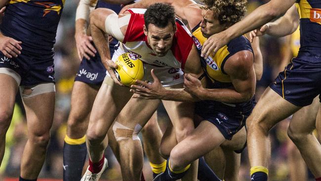 Cameron Pedersen crashes through a pack against West Coast. Picture: AAP Images