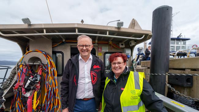 Prime Minister Anthony Albanese and Labor Braddon candidate Anne Urquhart visit the Tassal salmon pens in Strahan, Tasmania, in December 2024. Picture: NewsWire