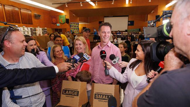 Chris Minns arrives at Carlton South Public School with his wife Anna and children to cast his vote in the NSW State Election. Picture: NCA NewsWire / David Swift