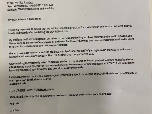 The email sent by Ms Bawden, saying she would not provide services Covid-vaccinated clients. Picture: ABC