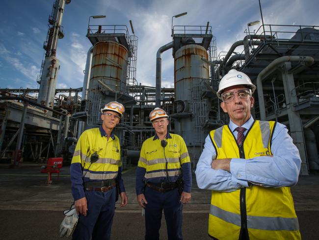 L to R, Qenos process operators Glenn Hayward and James Murray with Qenos CEO Steve Bell at the Qenos petrochemical plant in Matraville, Sydney, today (28/02/2019).