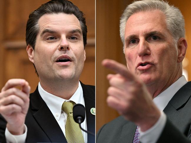 (COMBO) This combination of file pictures created on October 3, 2023 shows US Republican Representative Matt Gaetz (L) of Florida on Capitol Hill in Washington, DC, September 20, 2023 and US House Speaker Kevin McCarthy (R-CA) at the US Capitol in Washington, DC on May 31, 2023. Kevin McCarthy was axed on October 3, 2023 as speaker of the US House of Representatives in a brutal, historic rebellion by far-right Republicans accusing him of a string of broken promises and furious at his cooperation with Democrats. Florida conservative Matt Gaetz, who forced the removal vote, gambled that he could oust McCarthy with just a few Republicans, helped by Democrats loath to bail out a speaker who only recently opened a highly politicized impeachment inquiry into President Joe Biden. (Photo by Mandel NGAN / AFP)