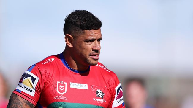 NEWCASTLE, AUSTRALIA - MAY 14: Dane Gagai of the Knights looks on during the warm-up before the round 11 NRL match between Newcastle Knights and Gold Coast Titans at McDonald Jones Stadium on May 14, 2023 in Newcastle, Australia. (Photo by Mark Kolbe/Getty Images)