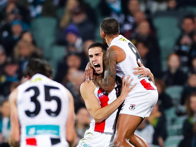 Max King celebrates a goal at Adelaide Oval.