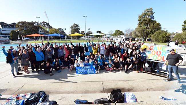 Geelong Swimming Club co-hosted a protest against Kardinia Aquatic Centre’s proposed closure during the winter months, with dozens of people turning out. Picture: David Smith