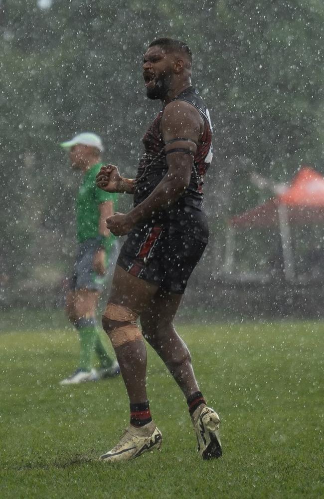 Malachi Walley playing for the Tiwi Bombers in the 2024-25 NTFL season. Picture: Jack Riddiford / AFLNT Media