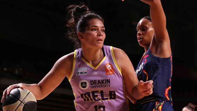 ADELAIDE, AUSTRALIA - NOVEMBER 01: Penina Davidson of the Melbourne Boomers and Brianna Turner of the Adelaide Lightning during the WNBL match between Adelaide Lightning and Melbourne Boomers at Adelaide Arena, on November 01, 2023, in Adelaide, Australia. (Photo by Sarah Reed/Getty Images)