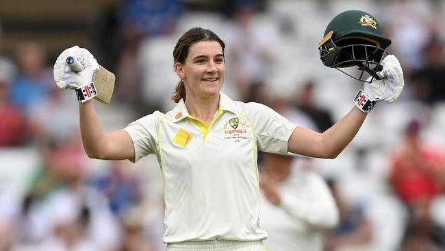 Annabel Sutherland celebrates her century in the Ashes. (Photo by Gareth Copley/Getty Images)