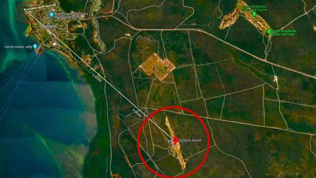 Red circles mark the airstrip in the south and the former Dunwich landing site at the top left hand corner. Picture: Google Earth