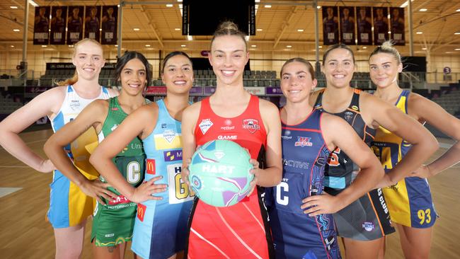 Sapphire Series netball team captains L to R, Bridey Condren from Thunder, Hulita Veve from Jets, Bryah Gafa from Titans, Lia Woolnough from Cougars, Tahlia Evans from Wildcats, Amy Sommerville from Tigers, Hannah Le Sage from Bull Sharks. Sapphire Series club, as the season starts later this month, Nissan Arena, Nathan, Friday 12th November 2021 - Photo Steve Pohlner